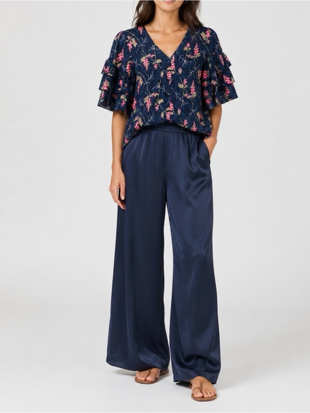 Rebecca Taylor Navy Floral Silk Blend Chiffon Ruffle Sleeve V-Neck Blouse US 4
